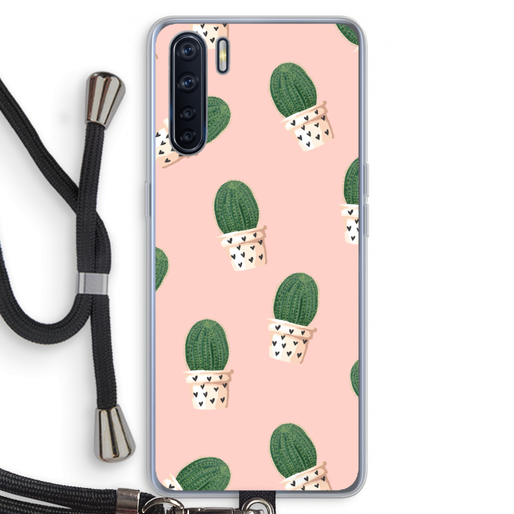 Cactusprint roze: Oppo A91 Transparant Hoesje met koord