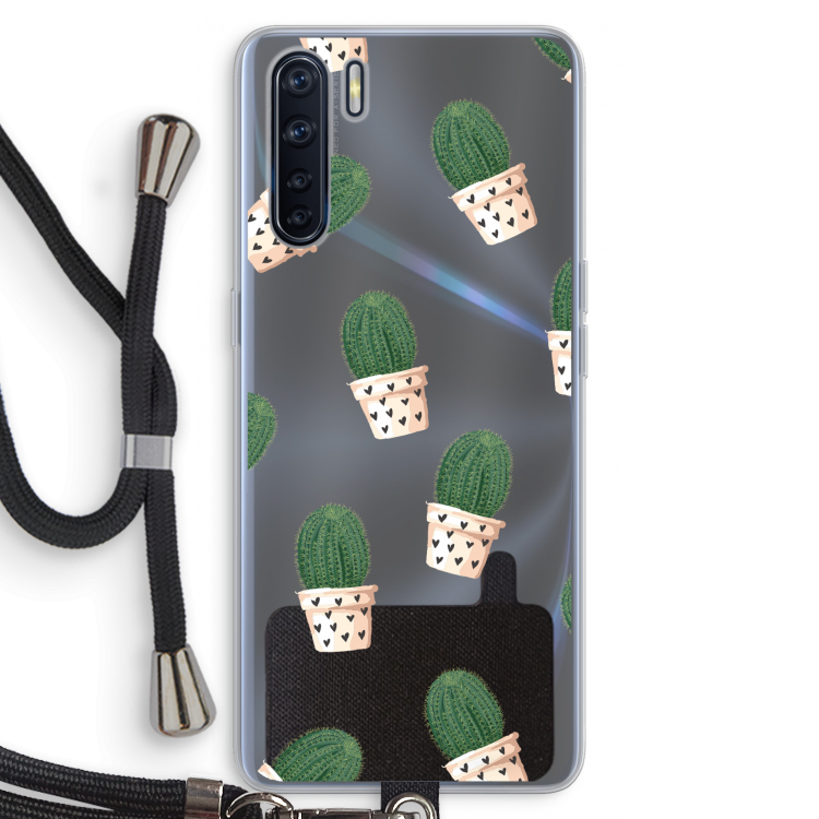 Cactusprint roze: Oppo A91 Transparant Hoesje met koord