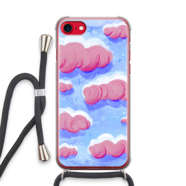 Roze wolken met vogels: iPhone SE 2020 Transparant Hoesje met koord