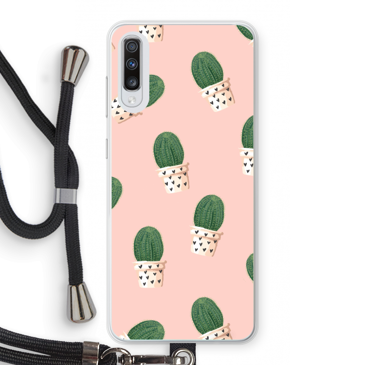 Cactusprint roze: Samsung Galaxy A70 Transparant Hoesje met koord