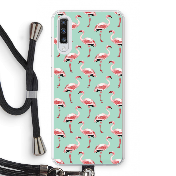 Flamingoprint groen: Samsung Galaxy A70 Transparant Hoesje met koord