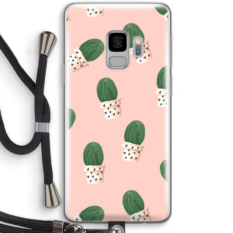 Cactusprint roze: Samsung Galaxy S9 Transparant Hoesje met koord