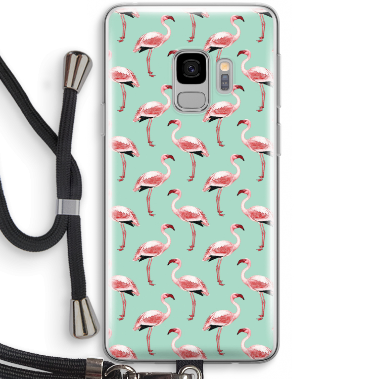 Flamingoprint groen: Samsung Galaxy S9 Transparant Hoesje met koord