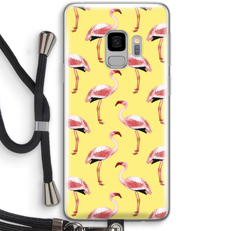 Flamingo's geel: Samsung Galaxy S9 Transparant Hoesje met koord
