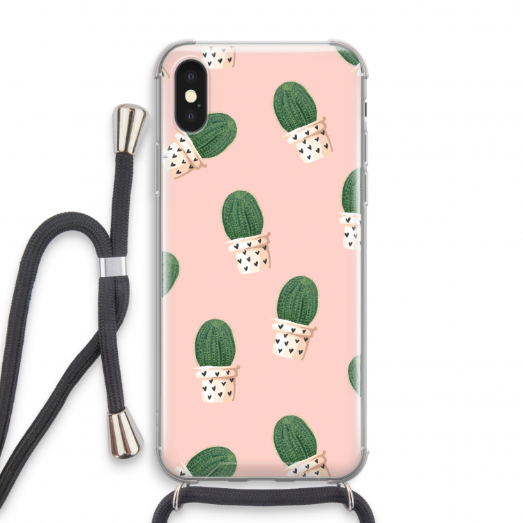 Cactusprint roze: iPhone X Transparant Hoesje met koord