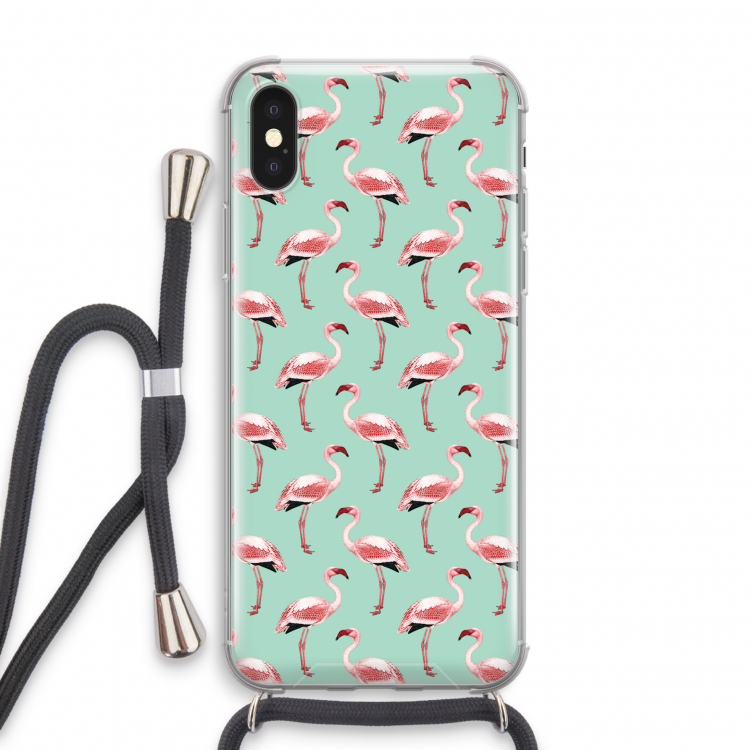 Flamingoprint groen: iPhone X Transparant Hoesje met koord