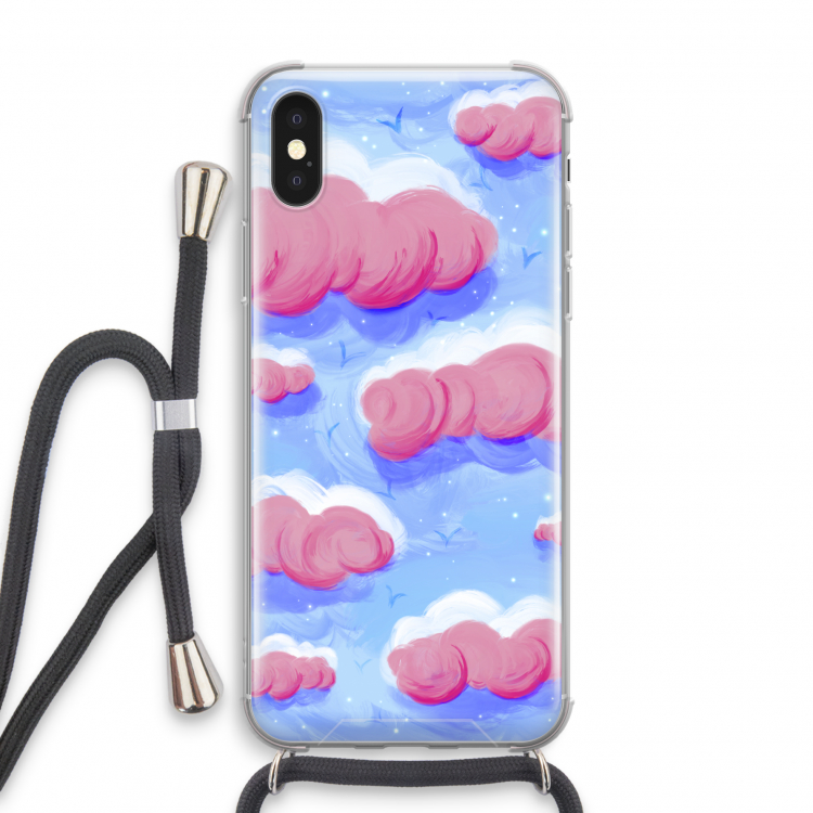 Roze wolken met vogels: iPhone XS Transparant Hoesje met koord