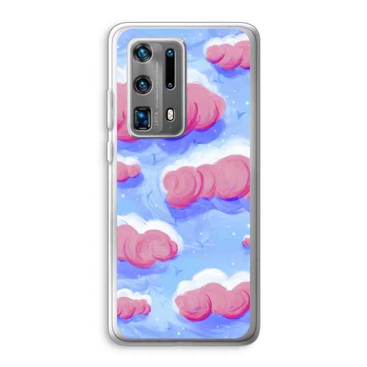 Roze wolken met vogels: Huawei P40 Pro Plus Transparant Hoesje