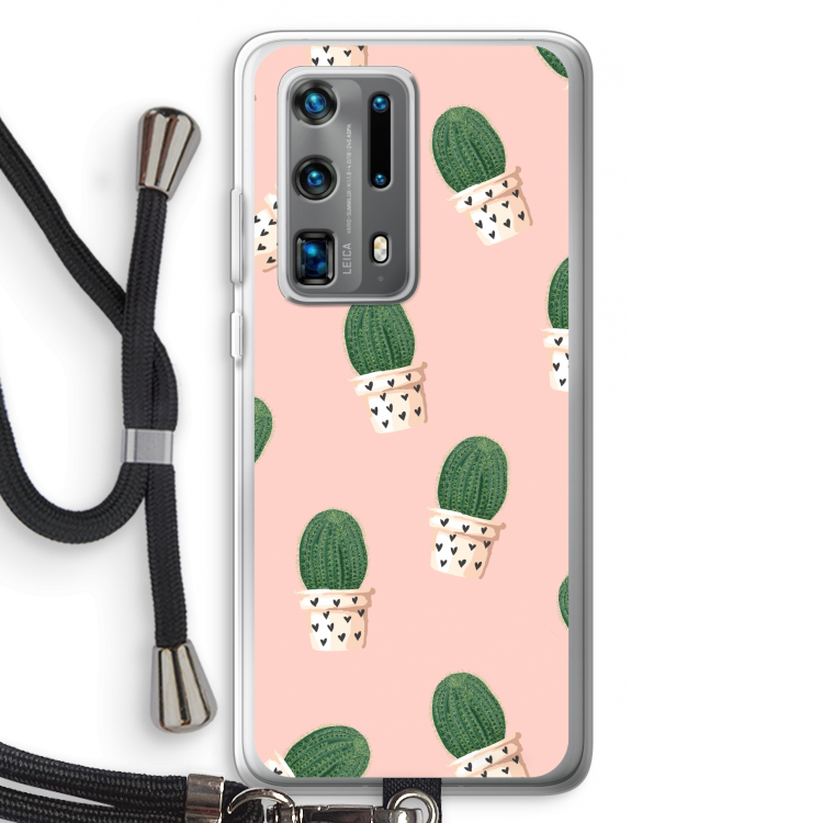 Cactusprint roze: Huawei P40 Pro Plus Transparant Hoesje met koord