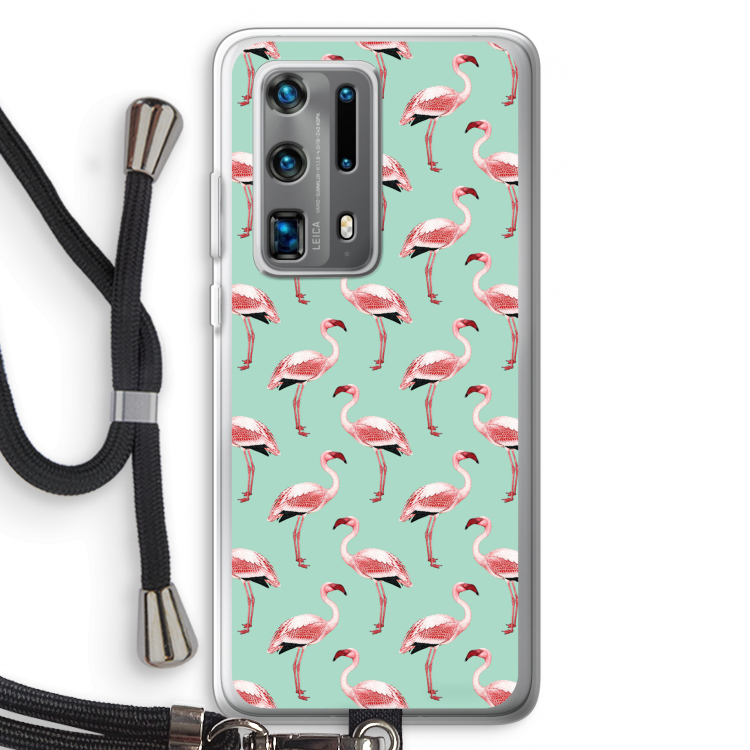 Flamingoprint groen: Huawei P40 Pro Plus Transparant Hoesje met koord