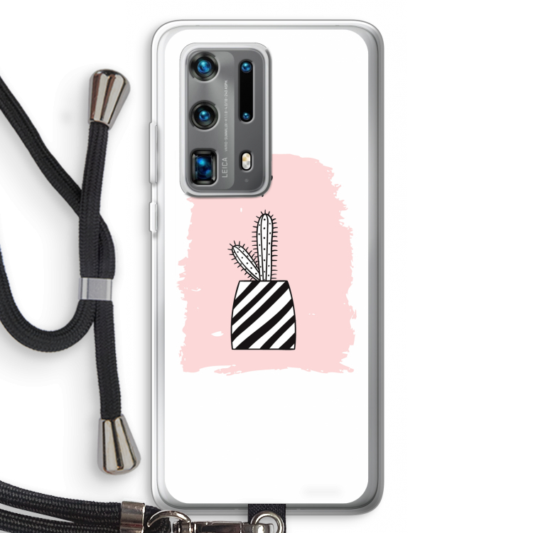 Zwart-wit cactus: Huawei P40 Pro Plus Transparant Hoesje met koord