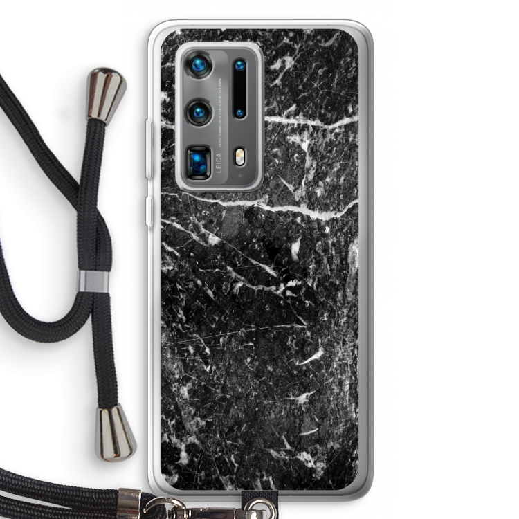Zwart marmer: Huawei P40 Pro Plus Transparant Hoesje met koord
