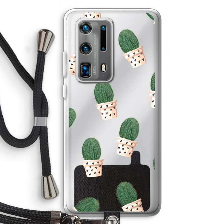 Cactusprint roze: Huawei P40 Pro Plus Transparant Hoesje met koord