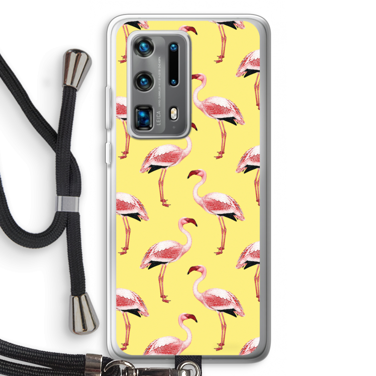 Flamingo's geel: Huawei P40 Pro Plus Transparant Hoesje met koord