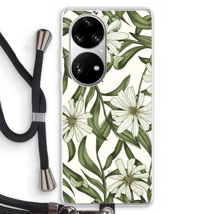 Wit bloemenpatroon: Huawei P50 Pro Transparant Hoesje met koord