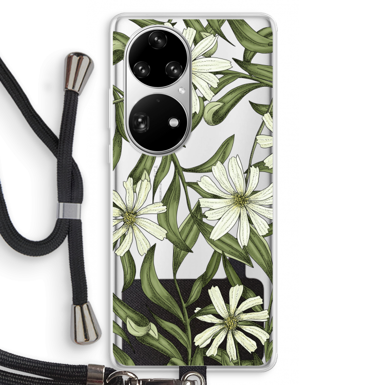 Wit bloemenpatroon: Huawei P50 Pro Transparant Hoesje met koord