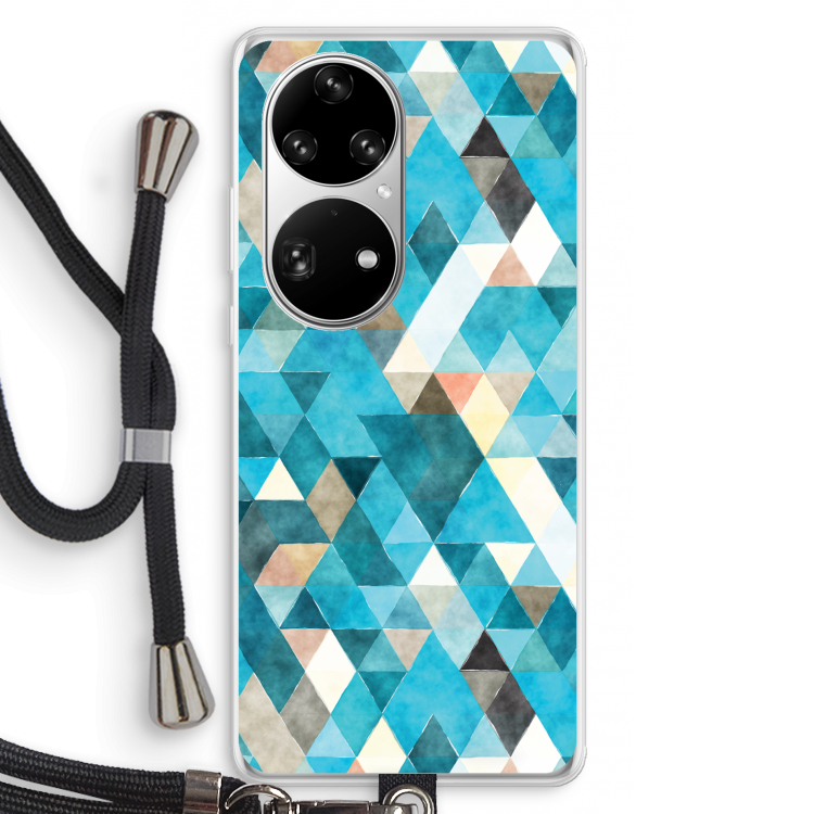 Gekleurde driehoekjes blauw: Huawei P50 Pro Transparant Hoesje met koord