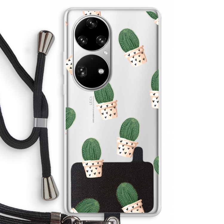 Cactusprint roze: Huawei P50 Pro Transparant Hoesje met koord