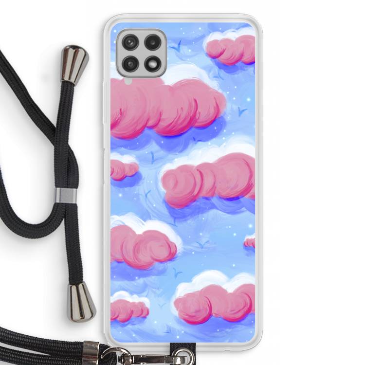 Roze wolken met vogels: Samsung Galaxy A22 4G Transparant Hoesje met koord