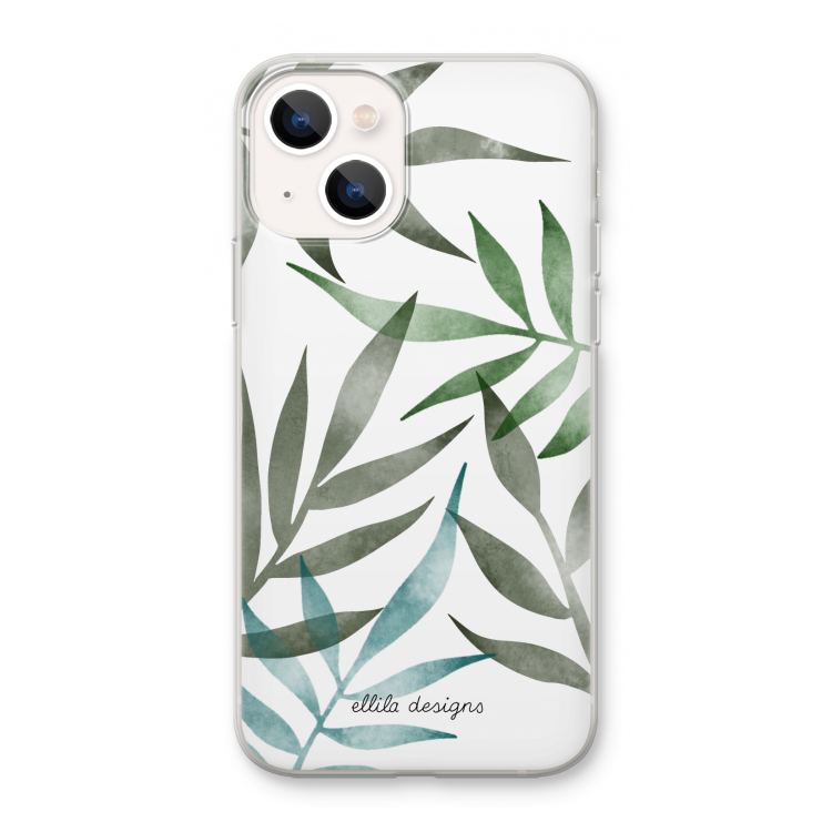 Tropical watercolor leaves: iPhone 13 mini Transparant Hoesje