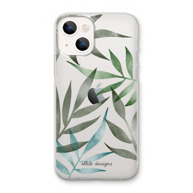 Tropical watercolor leaves: iPhone 13 mini Transparant Hoesje