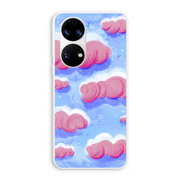 Roze wolken met vogels: Huawei P50 Transparant Hoesje