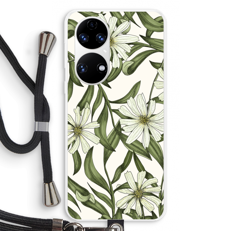 Wit bloemenpatroon: Huawei P50 Transparant Hoesje met koord