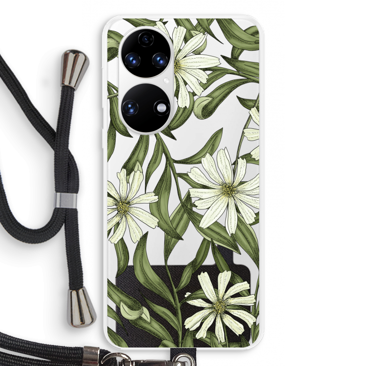 Wit bloemenpatroon: Huawei P50 Transparant Hoesje met koord