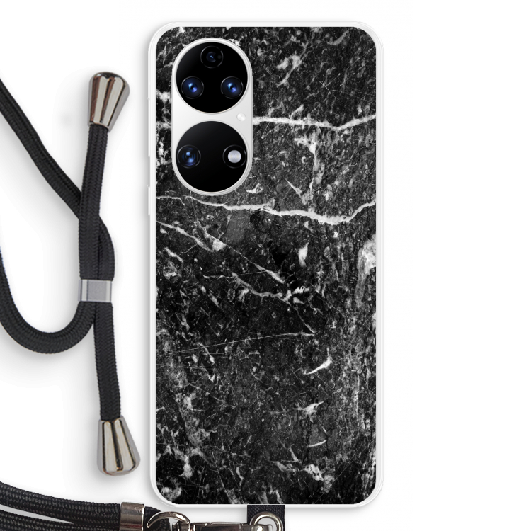 Zwart marmer: Huawei P50 Transparant Hoesje met koord