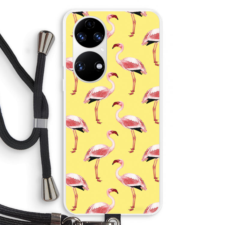 Flamingo's geel: Huawei P50 Transparant Hoesje met koord