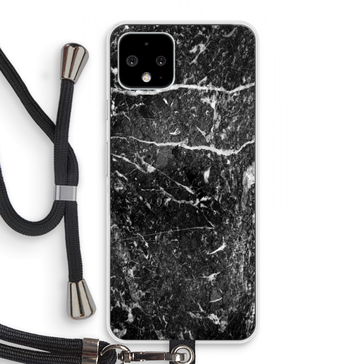 Zwart marmer: Pixel 4 Transparant Hoesje met koord