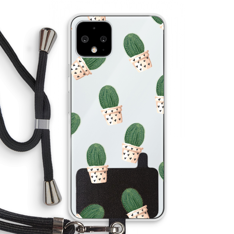 Cactusprint roze: Pixel 4 Transparant Hoesje met koord