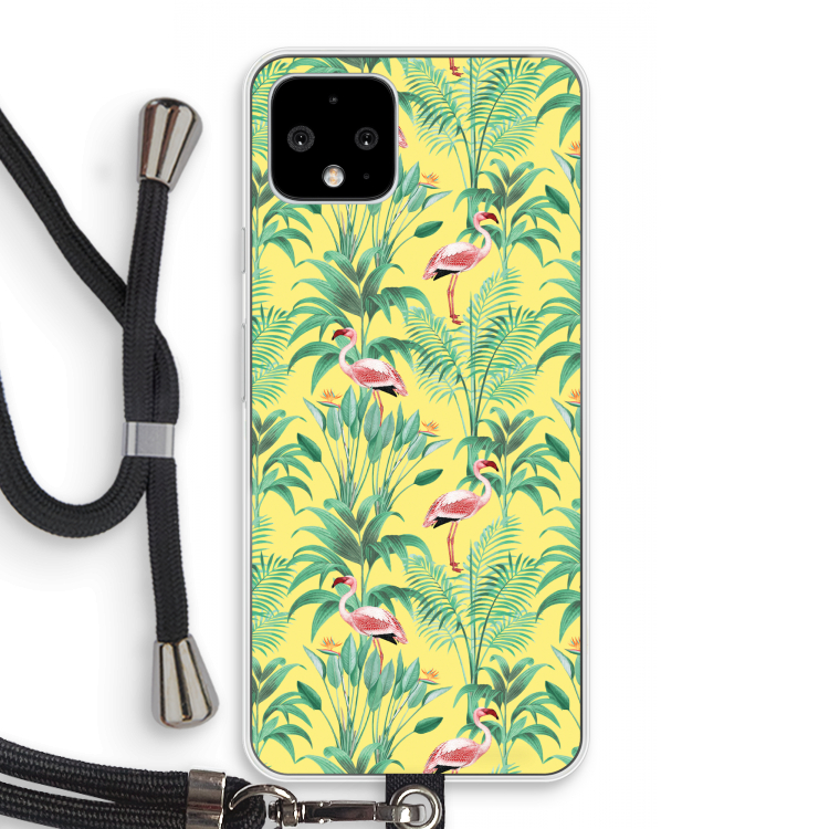 Flamingo party: Pixel 4 Transparant Hoesje met koord