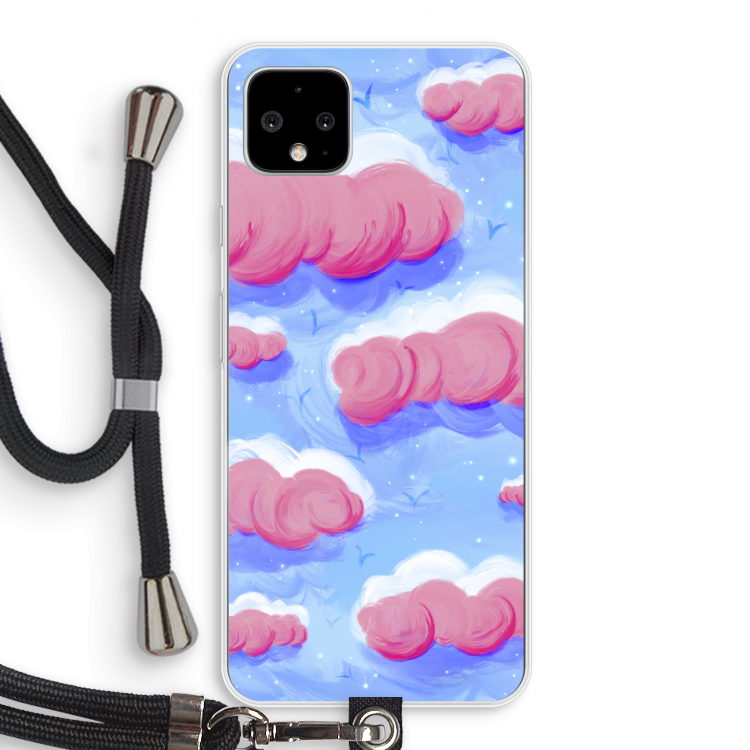 Roze wolken met vogels: Pixel 4 XL Transparant Hoesje met koord
