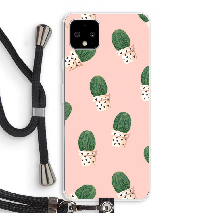 Cactusprint roze: Pixel 4 XL Transparant Hoesje met koord