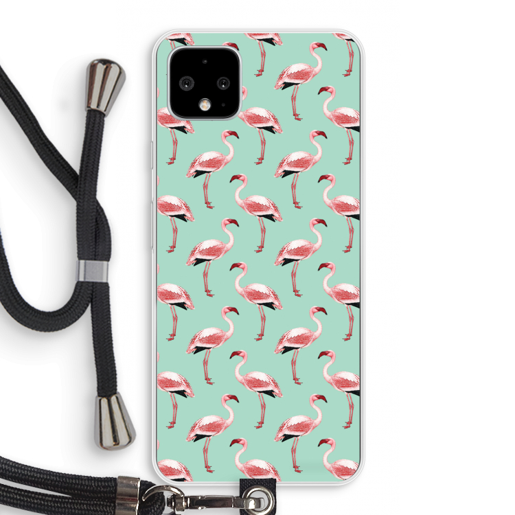 Flamingoprint groen: Pixel 4 XL Transparant Hoesje met koord