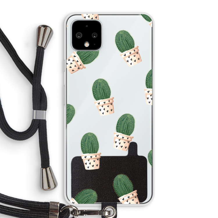 Cactusprint roze: Pixel 4 XL Transparant Hoesje met koord