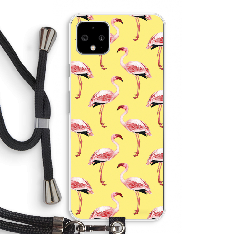 Flamingo's geel: Pixel 4 XL Transparant Hoesje met koord