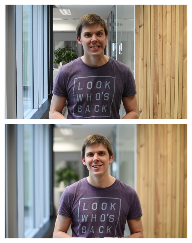 1. fotka je plochá = vše je ostré. Takto by vypadalo například video točené na mobilní telefon. 2. fotka je v hloubce, předměty za Martinem jsou rozmazané a tak to mají diváci radši. 1. fotka je plochá = vše je ostré. Takto by vypadalo například video točené na mobilní telefon. 2. fotka je v hloubce, předměty za Martinem jsou rozmazané a tak to mají diváci radši.