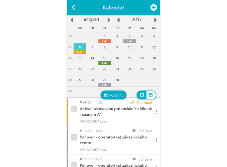 Mobilní aplikace má přehledný měsíční kalendář Mobilní aplikace má přehledný měsíční kalendář