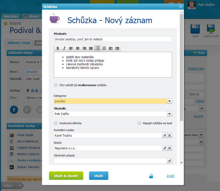 Založení Schůzky z Klienta Založení Schůzky z Klienta