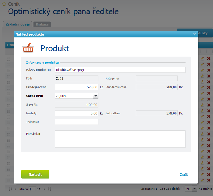 Editace Produktu v Ceníku Editace Produktu v Ceníku
