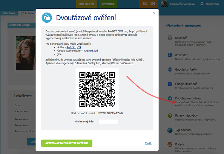 Zapnutí dvoufázové autentizace Zapnutí dvoufázové autentizace