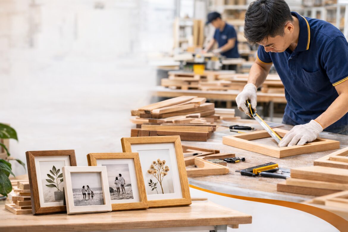 Xưởng gia công khung ảnh gỗ theo yêu cầu với công nhân đang đo và lắp ráp khung ảnh tại bàn làm việc, xung quanh là nhiều mẫu khung gỗ hoàn thiện.