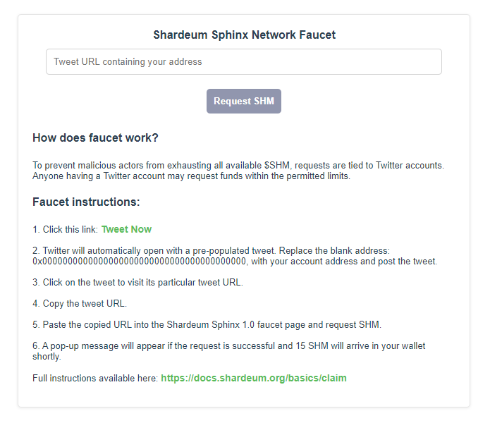 Receiving test tokens SHM Source: faucet-sphinx.shardeum.org