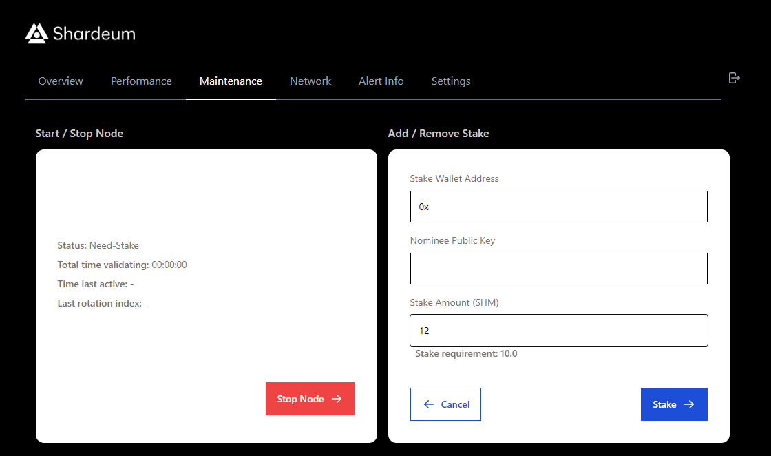 Staking test tokens SHM Source: Shardeum Node Control Panel