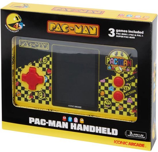 PAC-MAN PAC-MAN Spelcomputer – originele uitvoering – inclusief 3 verschillende Pac-Man spelletjes – werkt op 3 AAA-batterijen – retro handheld spel – compact en draagbaar – ideaal voor fans van klassiek arcadespel – uren speelplezier onderweg of thuis