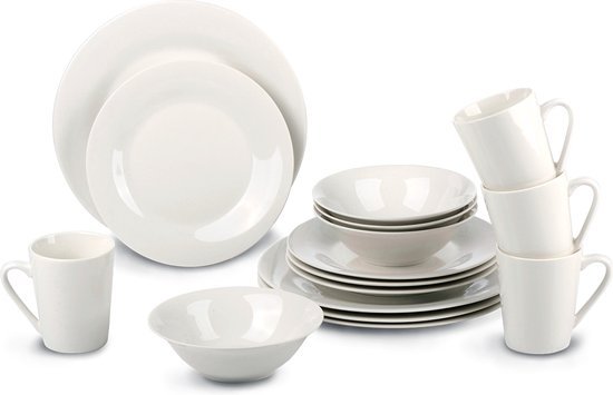 Alpina alpina Serviesset 16-Delig - Bordenset Diner 4 Persoons - Aardewerk Servies - Dinerborden, Dessertborden, Kommen en Mokken - Magnetron en Vaatwasser Bestendig - Wit