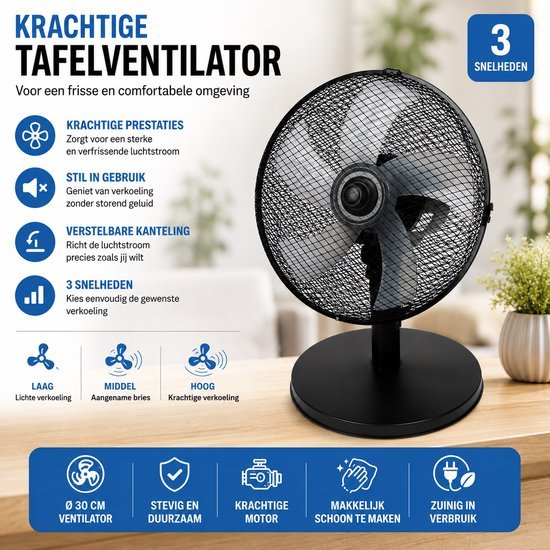 Tafelventilator Tafelventilator 30 cm – 3 Snelheden – Verstelbare Kanteling – Krachtige Luchtstroom – Zwart