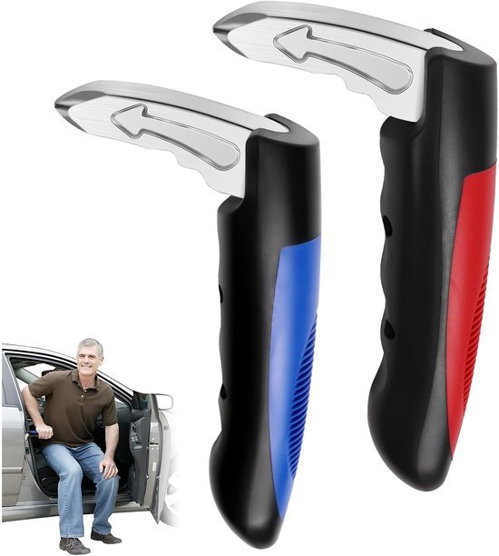 TradeFix 2 stuks - Autodeurgreephulp - Autodeurgreep voor Ouderen - Steunstang voor de Deurgreep - Voertuigsteun - Gordelsnijder - Ruitenbreker - Ergonomie - Auto-noodhulpmiddel - Geschikt voor alle Voertuigen - Autogadgets - Blauw en rood